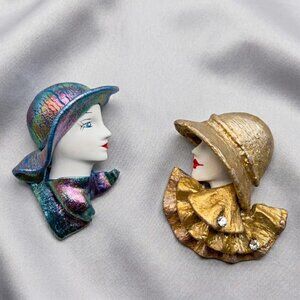 Lady Face Brooch Set 3D Hat Portrait Pins C Clasp